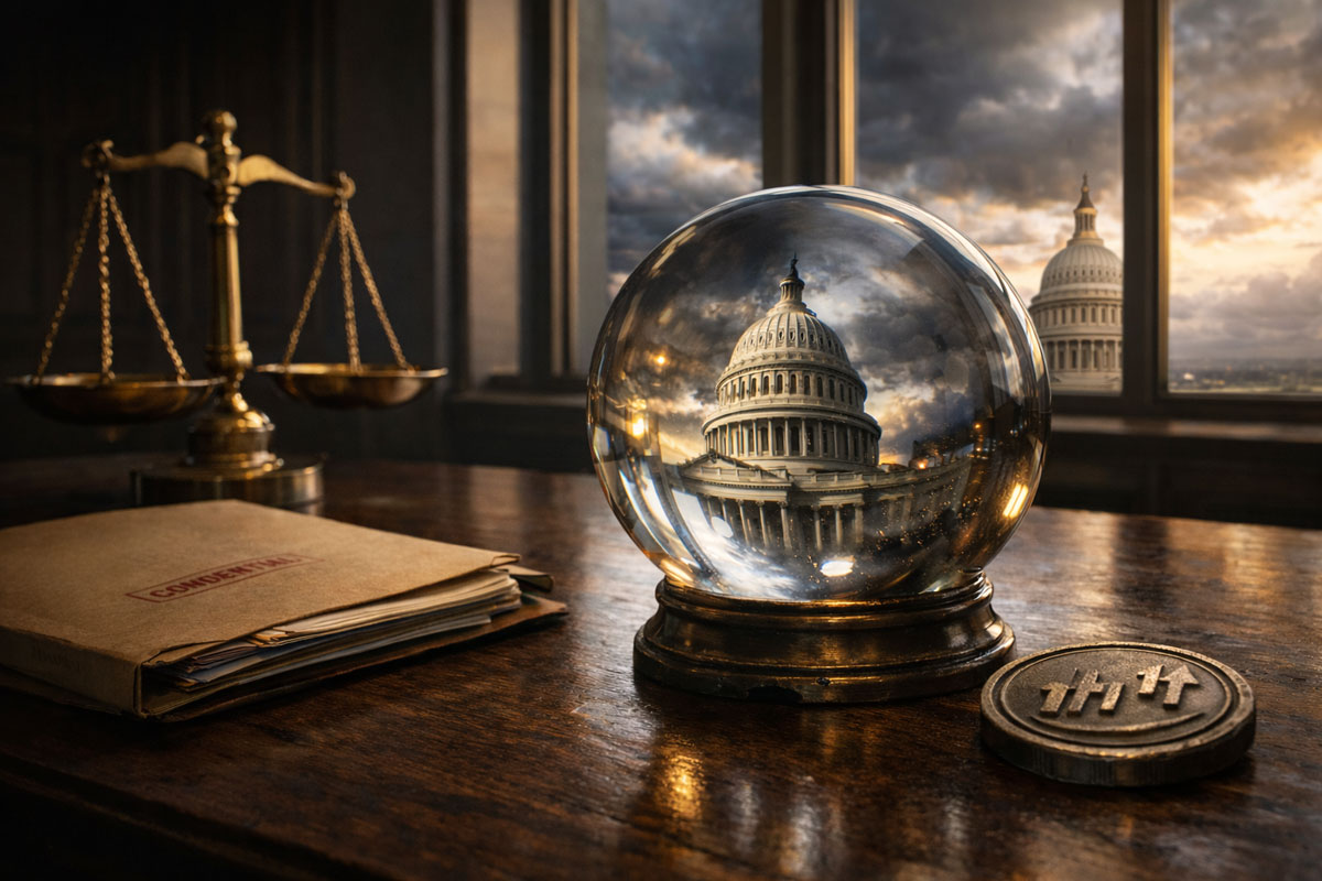 US Capitol reflected in a glass sphere on a desk with legal scales and documents, symbolizing the CFTC lawsuit to assert federal control over crypto prediction markets