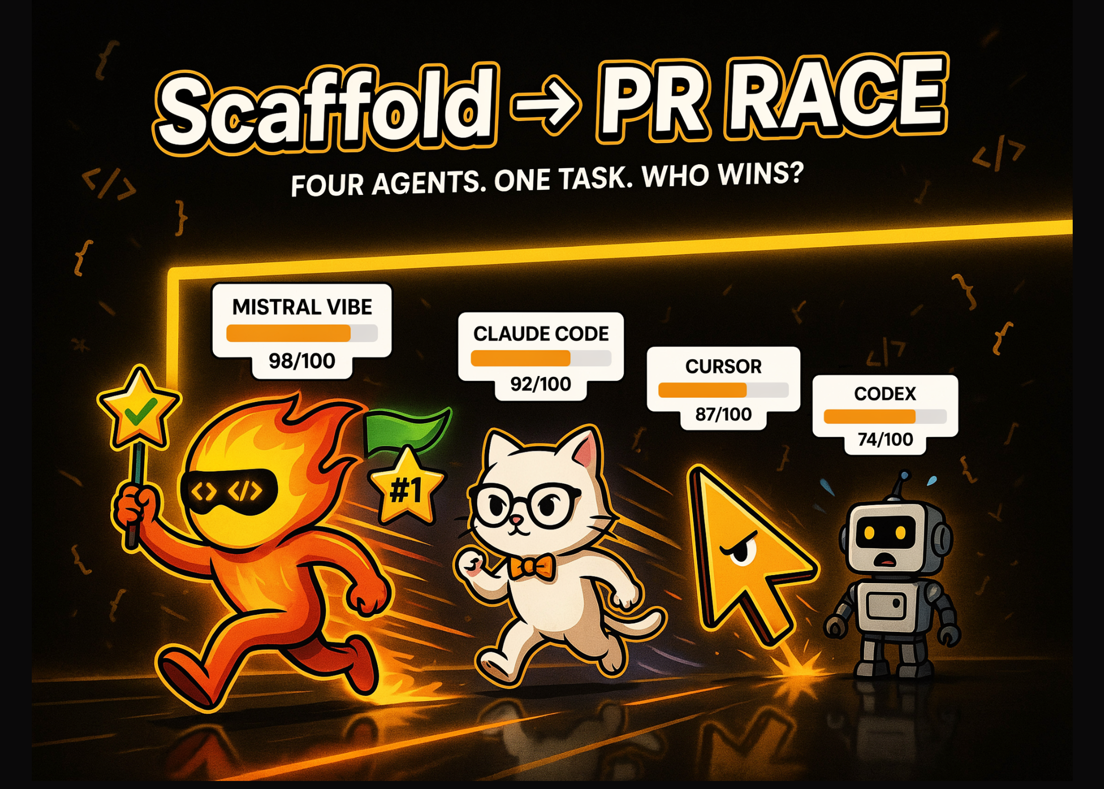 Mistral Vibe for Code vs Claude Code vs Cursor vs Codex: Four Agents Scored on One Scaffold-to-PR Task