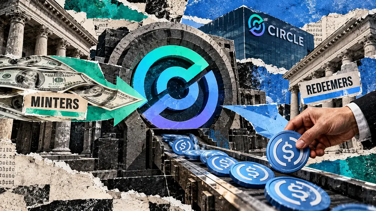 An editorial collage of a large USDC token between a classical bank building and a modern financial tower, with dollar bills and arrows.