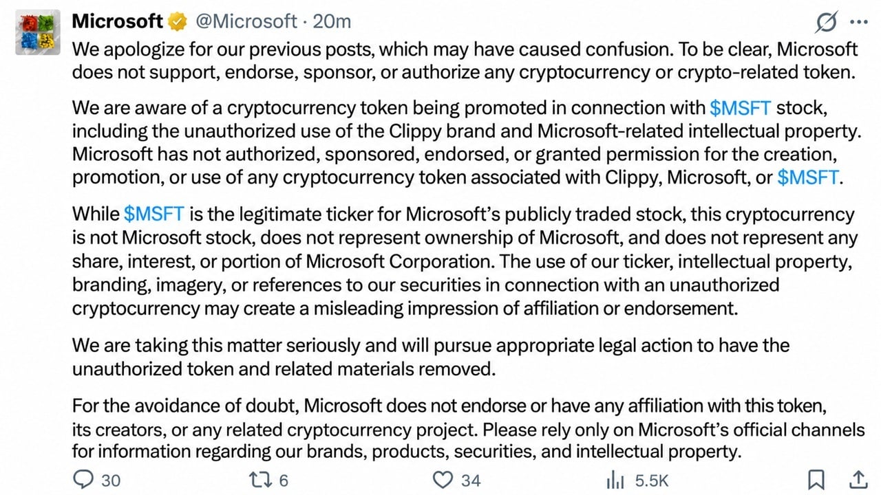 Microsoft's X Account Hijacked to Promote Clippy Meme Coin